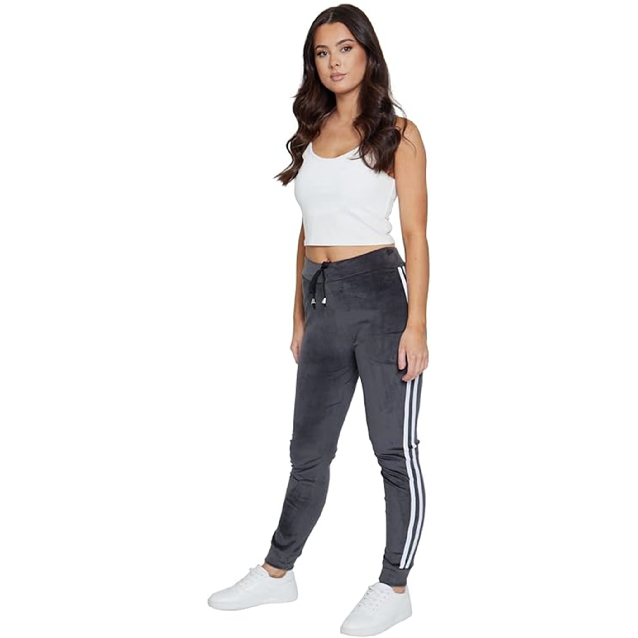Ladies velour bottoms soft lounge joggers with side stripes in grey